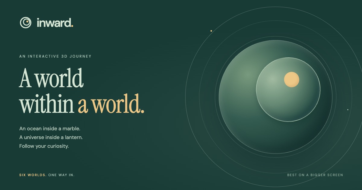 INWARD's Nested World mark, echoed by two glass-like green worlds with a small golden sun inside.